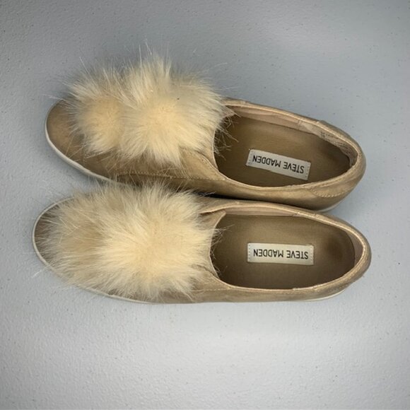 Steve Madden Poof Faux Fur Tan Platform Slip-On Loafers Shoes Suede-Like - Sz 9 - Picture 5 of 8